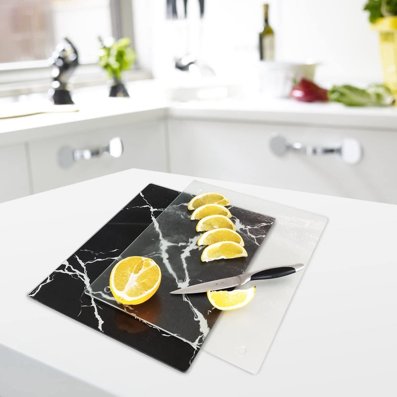 VASUHOME Tempered Glass Cutting Board Set of 2-16x12 inch Marble Pattern Cutting Board for Kitchen Counter - Scratch, Heat, Shatter Resistant and Easy to Clean- Black and Clear - Image 3